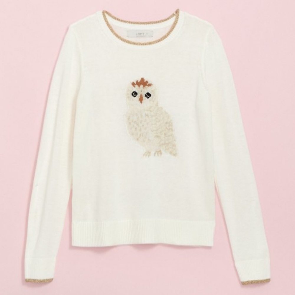 Ann Taylor Loft Owl Sweater Cream Winter White W/ Gold Metallic Trim Size Small